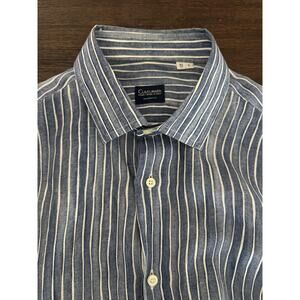 100% Linen Shirt Mens Large Blue Stripe  Tailored Fit Summer Italy Culturata